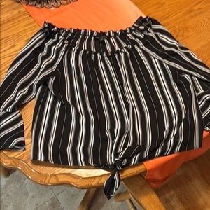 Black and White Smocked Tie Front Blouse